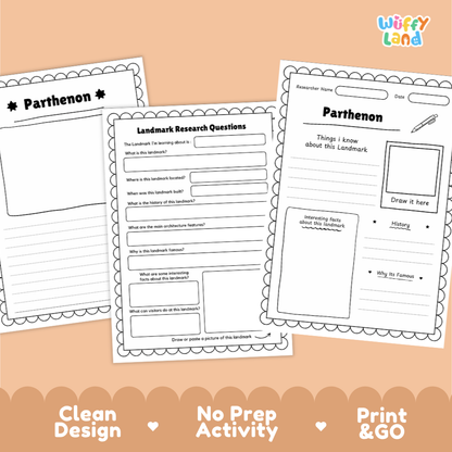 Three printable worksheet pages for Parthenon landmark research displayed on a peach background, with the Wiffy Land logo at top right and marketing text along the bottom.
