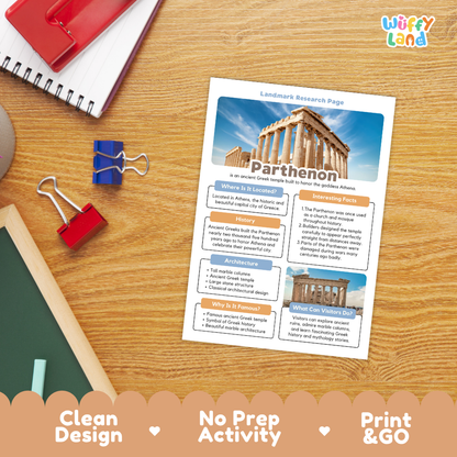 A printed educational activity sheet titled 'Parthenon' and 'Landscape Research Page' lies on a wooden desk, surrounded by school supplies including a spiral notebook, binder clips, and a chalkboard. The sheet features a blue sky and Parthenon photo, with decorative peach banners at the bottom reading 'Clean Design', 'No Prep Activity', and 'Print & GO'.