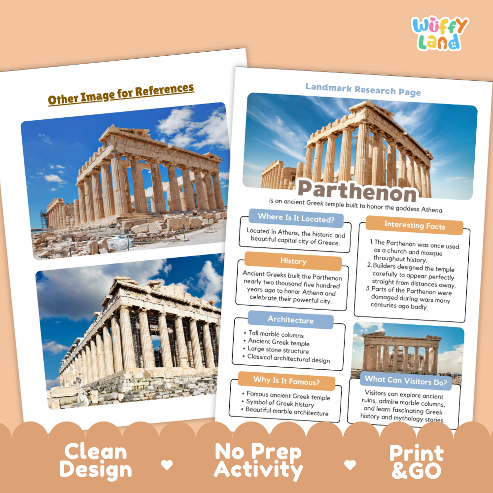 Educational activity sheets for a Greek landmark research page about the Parthenon, displayed on a peach background with a 'Wiffy Land' logo. The sheets feature a color photograph of the Parthenon and text boxes detailing its history, architecture, and visitor information.