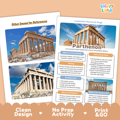 Educational activity sheets for a Greek landmark research page about the Parthenon, displayed on a peach background with a 'Wiffy Land' logo. The sheets feature a color photograph of the Parthenon and text boxes detailing its history, architecture, and visitor information.