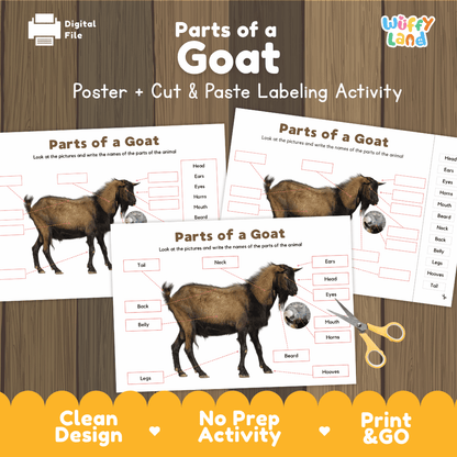 Parts of a Goat poster and cut and paste labeling activity printable pack showing labeled reference chart and differentiated worksheets for elementary science