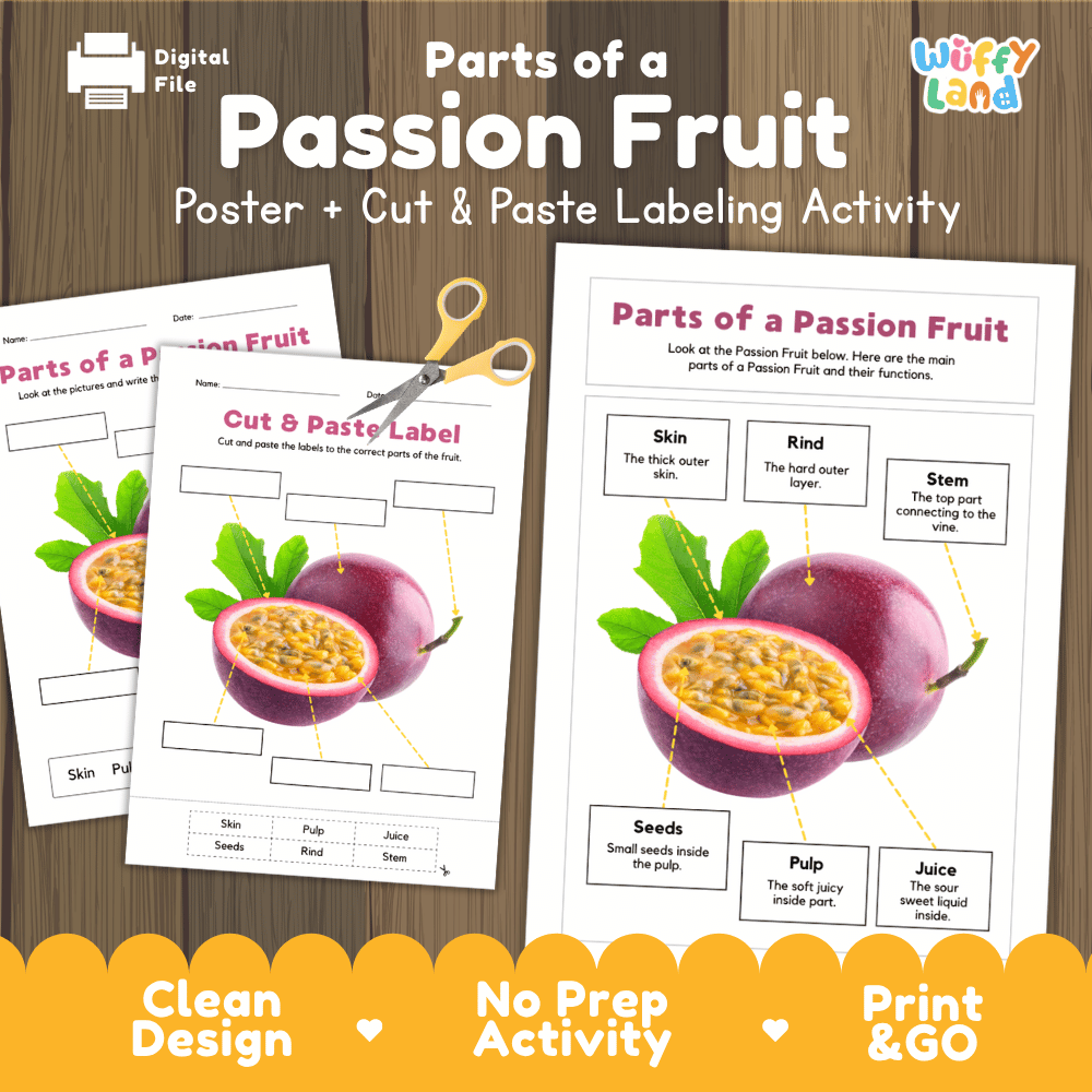 Parts of a Passion Fruit poster and cut and paste labeling activity printable pack showing labeled reference chart and differentiated worksheets for elementary science