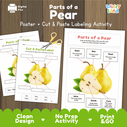Parts of a Pear poster and cut and paste labeling activity printable pack showing labeled reference chart and differentiated worksheets for elementary science