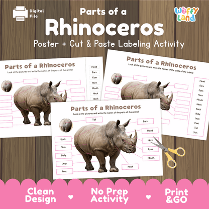 Parts of a Rhinoceros poster and cut and paste labeling activity printable pack showing labeled reference chart and differentiated worksheets for elementary science.