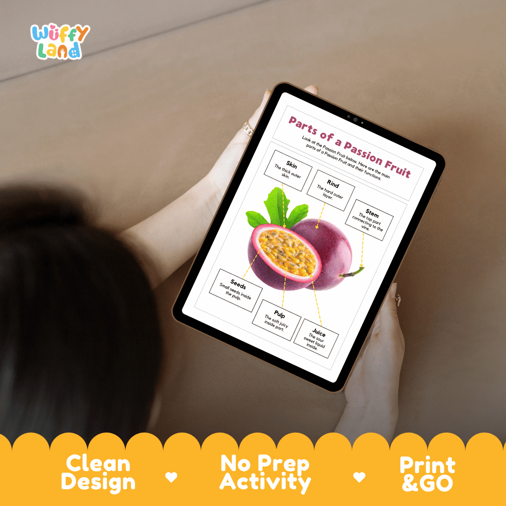 Educational cut and paste passion fruit anatomy worksheet with printable word cutout tiles for skin, rind, stem, pulp, juice, and seeds