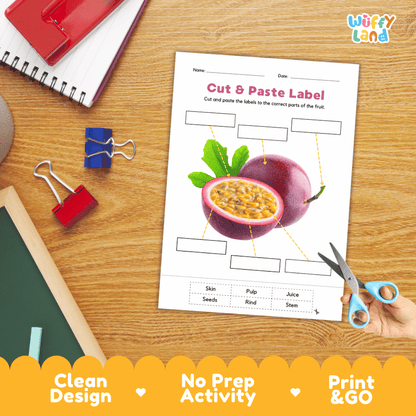 Printable plant biology worksheet showing sliced and whole purple passion fruits with blank labeling boxes and a vocabulary word bank for writing practice
