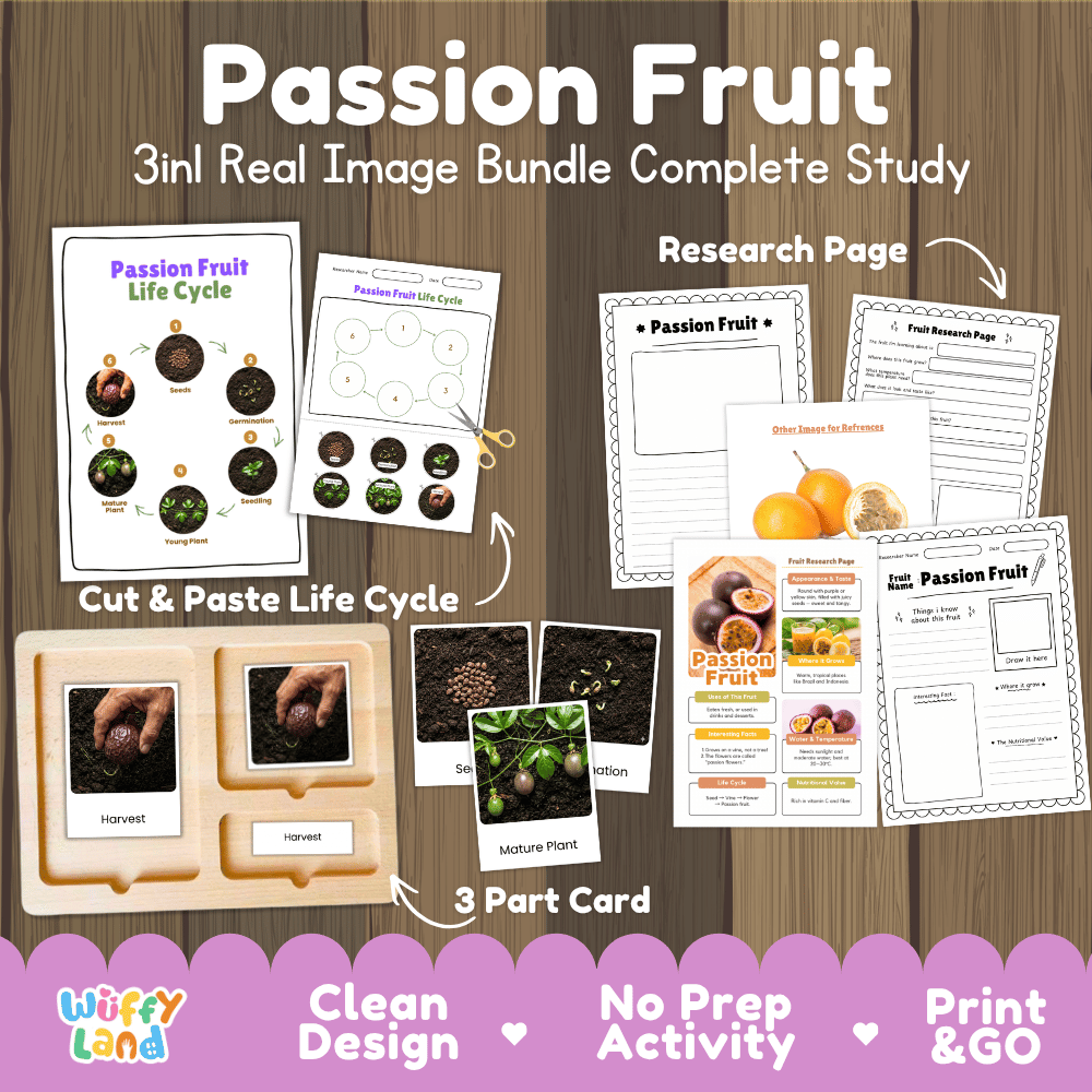 Passion fruit vine life cycle 3in1 real image bundle complete study overview featuring cut and paste worksheets, Montessori 3-part cards, and research pages from Wuffy Land 🟣🌱