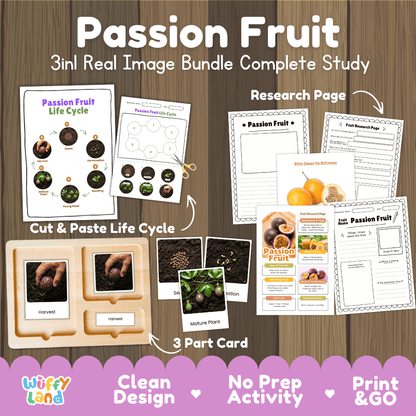Passion fruit vine life cycle 3in1 real image bundle complete study overview featuring cut and paste worksheets, Montessori 3-part cards, and research pages from Wuffy Land 🟣🌱