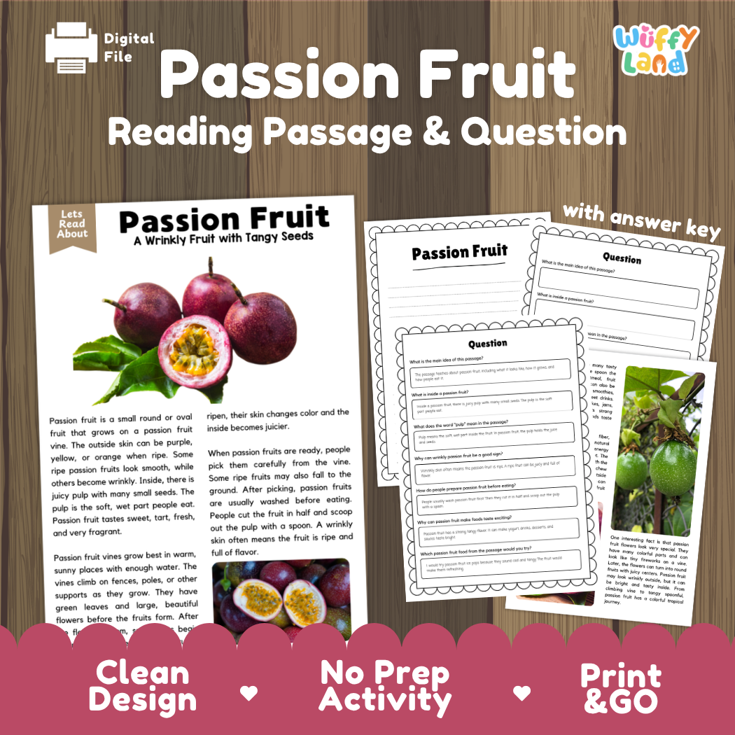 Passion fruit reading comprehension passage and questions printable activity pack with answer key for elementary students