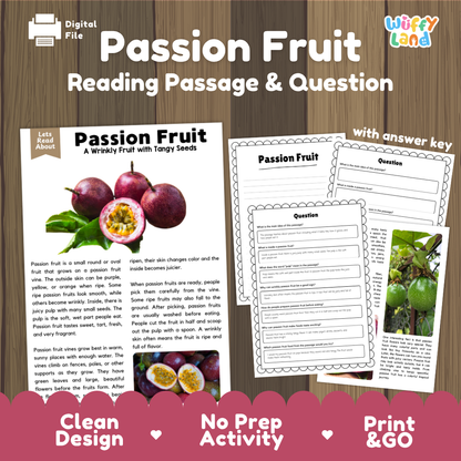 Passion fruit reading comprehension passage and questions printable activity pack with answer key for elementary students