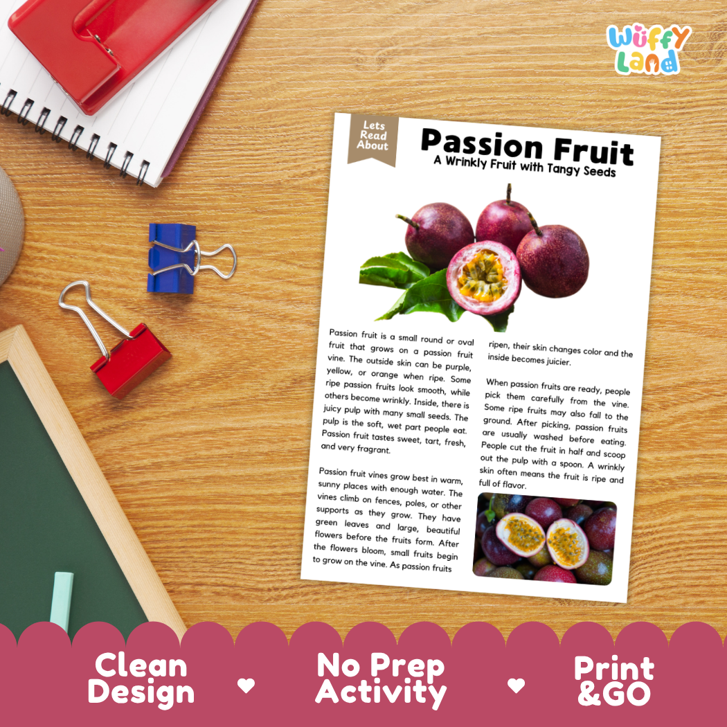 Student reading comprehension worksheet with short-answer questions and lined sections about the passion fruit