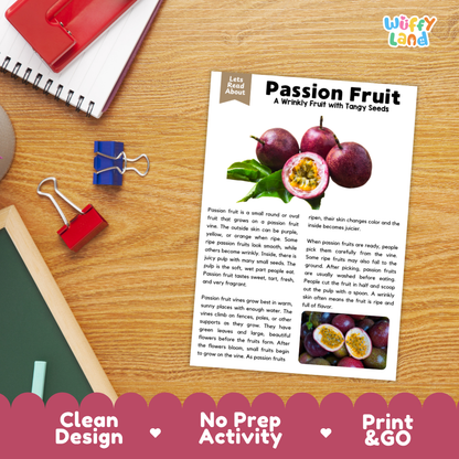 Student reading comprehension worksheet with short-answer questions and lined sections about the passion fruit