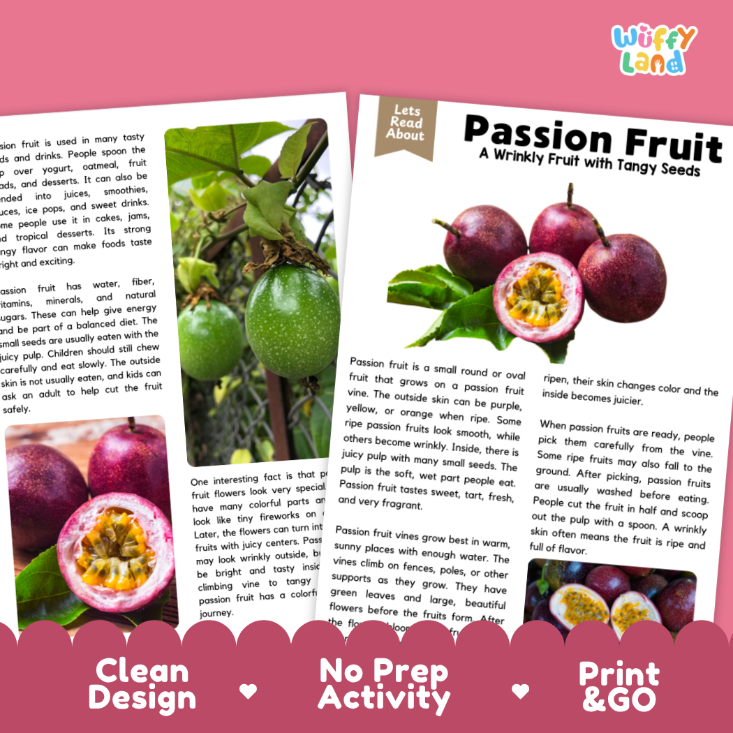 Teacher answer key page showing complete question solutions for Passion Fruit nature and science reading comprehension practice