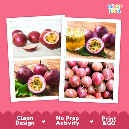 Printable activity sheets featuring photographic passion fruit puzzle boards and cutting guides