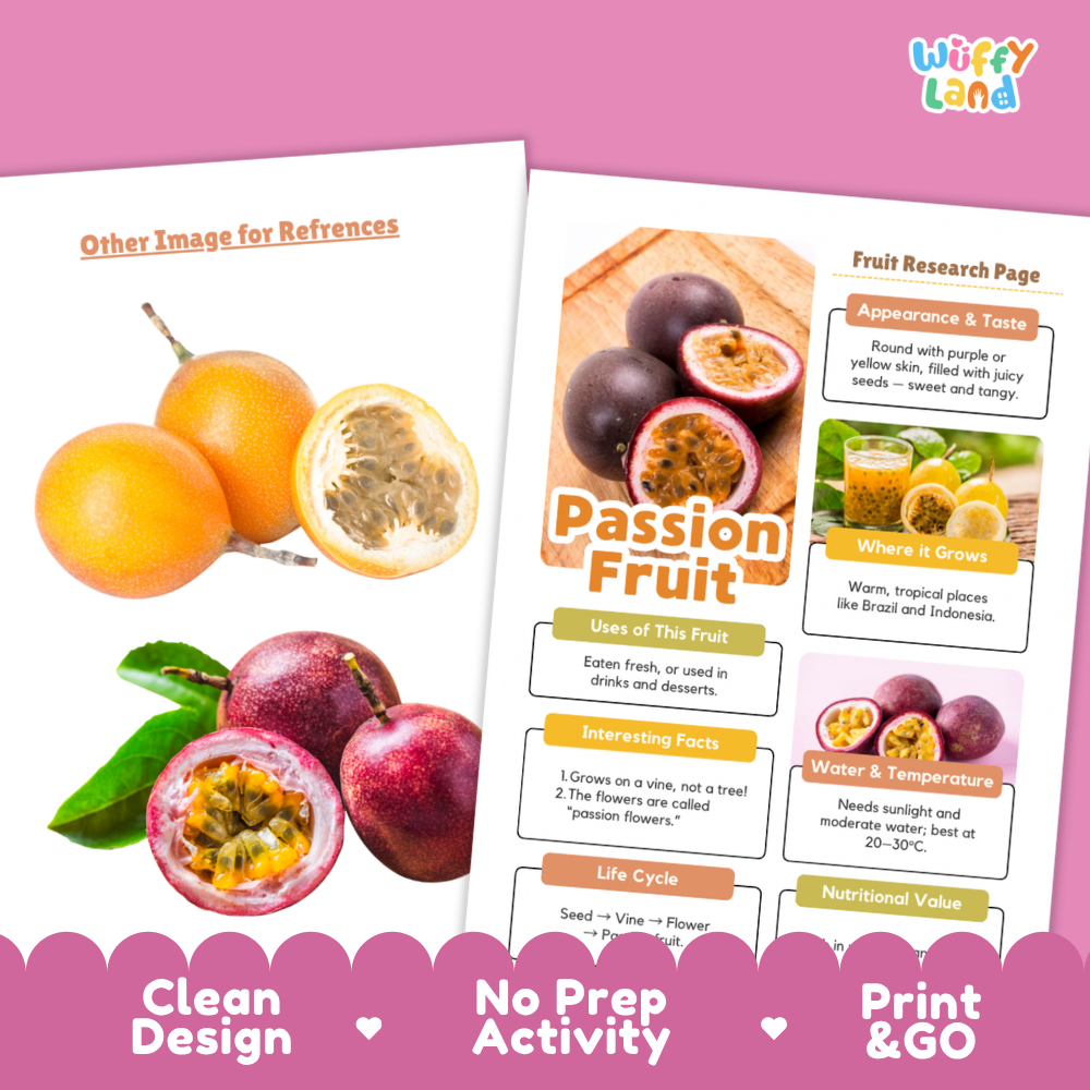 Two printed educational poster sheets about passion fruit displayed on a pink background. The sheets feature fruit photos, text sections on appearance, taste, uses, growth, water/temperature, and nutrition, with the brand name Wiffi Land in the top right corner.