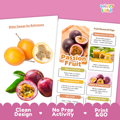 Two printed educational poster sheets about passion fruit displayed on a pink background. The sheets feature fruit photos, text sections on appearance, taste, uses, growth, water/temperature, and nutrition, with the brand name Wiffi Land in the top right corner.