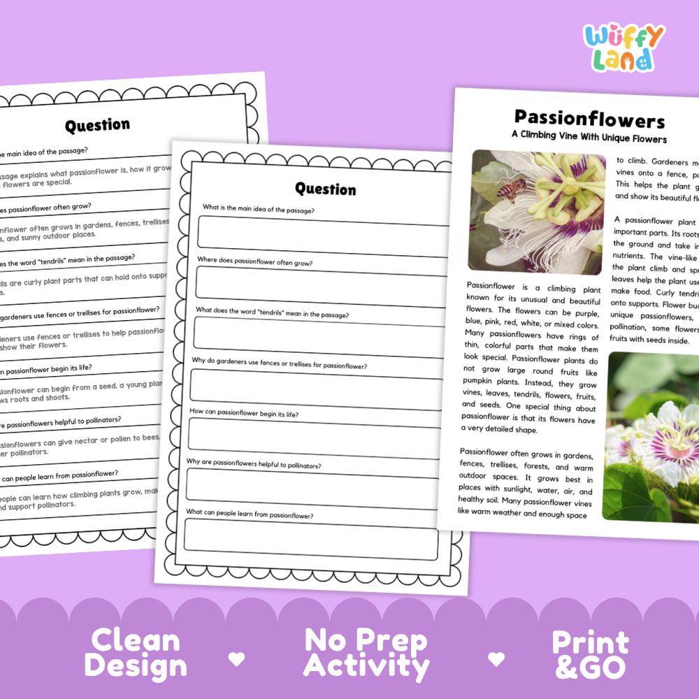 Printable reading passage detailing passionflowers, climbing vines, tendrils, and floral features
