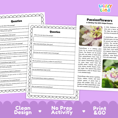 Printable reading passage detailing passionflowers, climbing vines, tendrils, and floral features