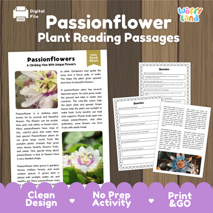 Passionflower plant reading passages cover showing printable reading texts, comprehension worksheets, and photographic visuals