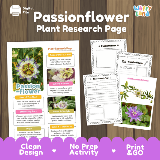 Student plant research page writing worksheets with real close up intricate passionflower blooms and garden vine photos, lined note-taking prompts, and drawing frames