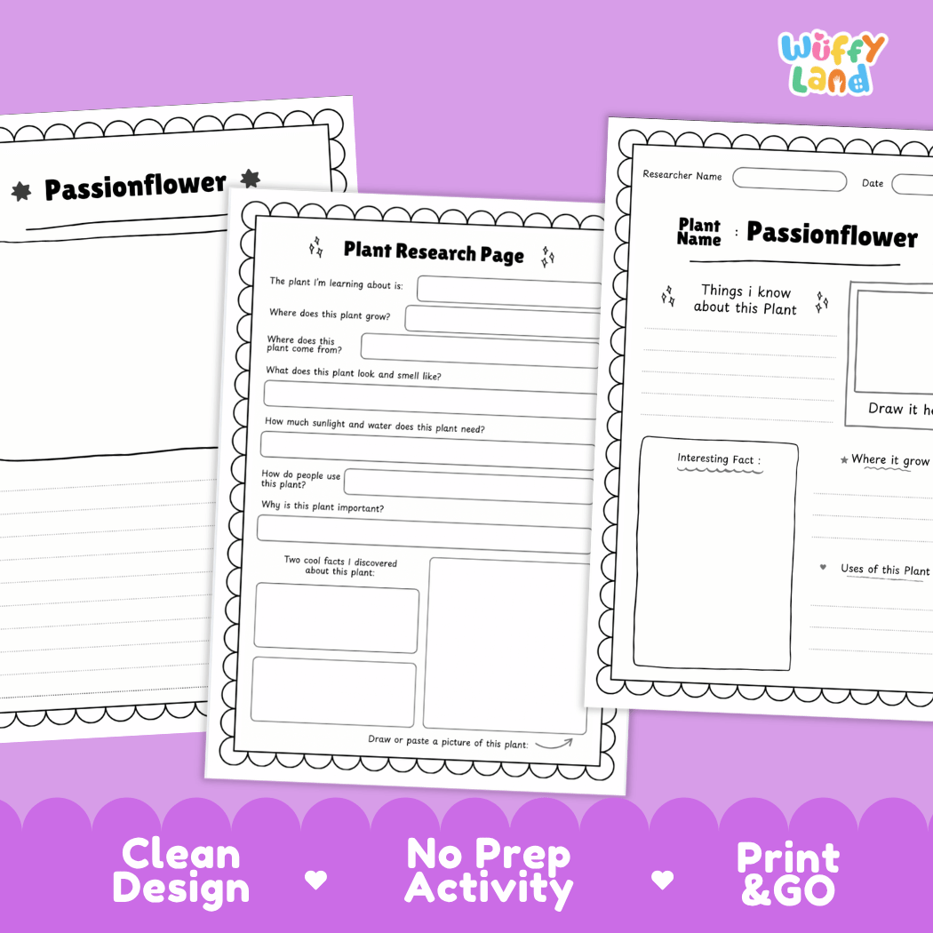 Passionflower Plant Research Page Worksheets and Fact Sheet