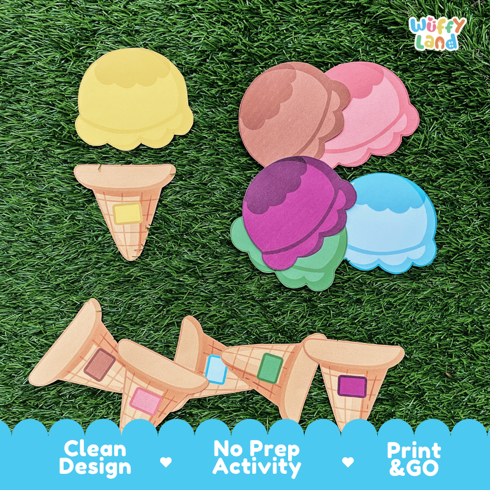 Early learning color matching cutouts featuring purple, pink, green, and blue ice cream scoops and waffle cones 🌈🍓