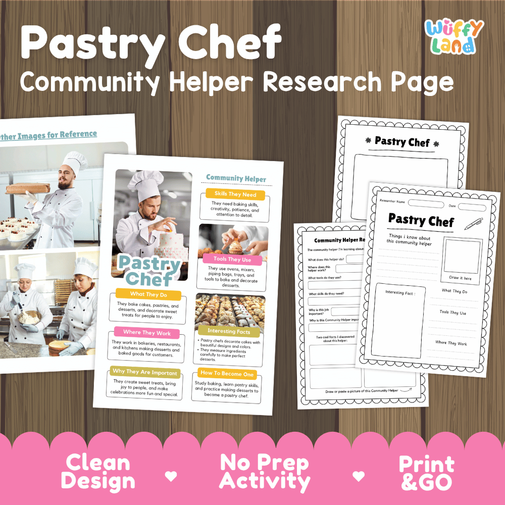 Pastry chef community helper research page writing worksheets pack featuring real photos and student activity pages for elementary social studies and culinary arts