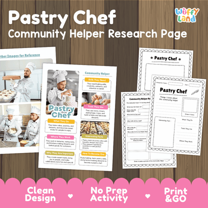 Pastry chef community helper research page writing worksheets pack featuring real photos and student activity pages for elementary social studies and culinary arts