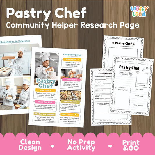Pastry chef community helper research page writing worksheets pack featuring real photos and student activity pages for elementary social studies and culinary arts