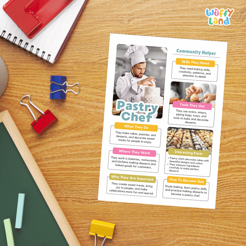 Guided student writing worksheets with lined sections for recording facts and a dedicated box for drawing or pasting a picture of a pastry chef