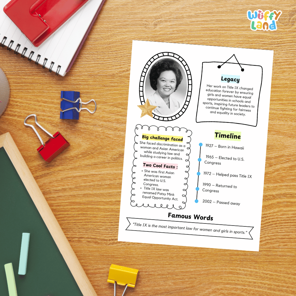 Guided research question worksheet organizer for students to research facts, challenges, and the legacy of Patsy Mink
