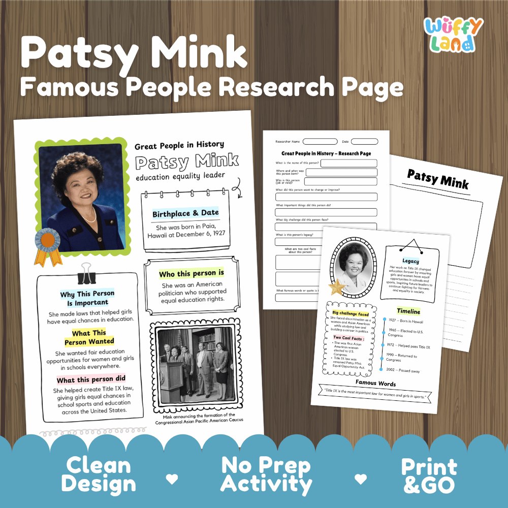 Patsy Mink biography research worksheets pack featuring graphic organizers, timeline activity, and student writing template
