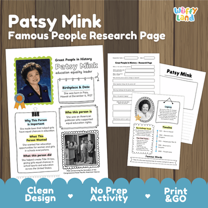 Patsy Mink biography research worksheets pack featuring graphic organizers, timeline activity, and student writing template
