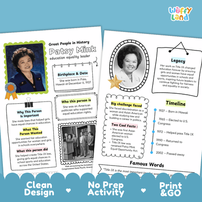 Educational biography summary worksheet featuring a chronological timeline, famous quote, and lined student writing page
