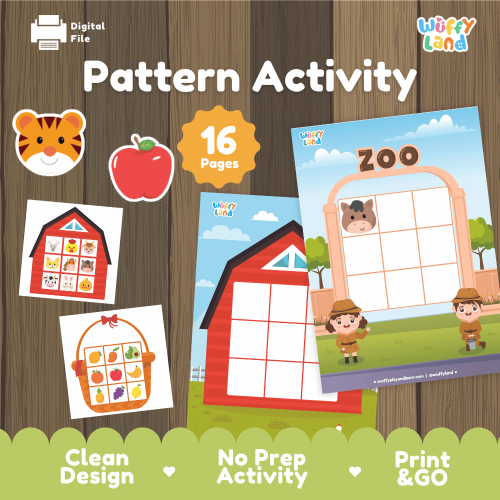 Pattern activity printable spatial grid and visual matching activity pack overview from Wuffy Land featuring 16 pages 🚜🍎