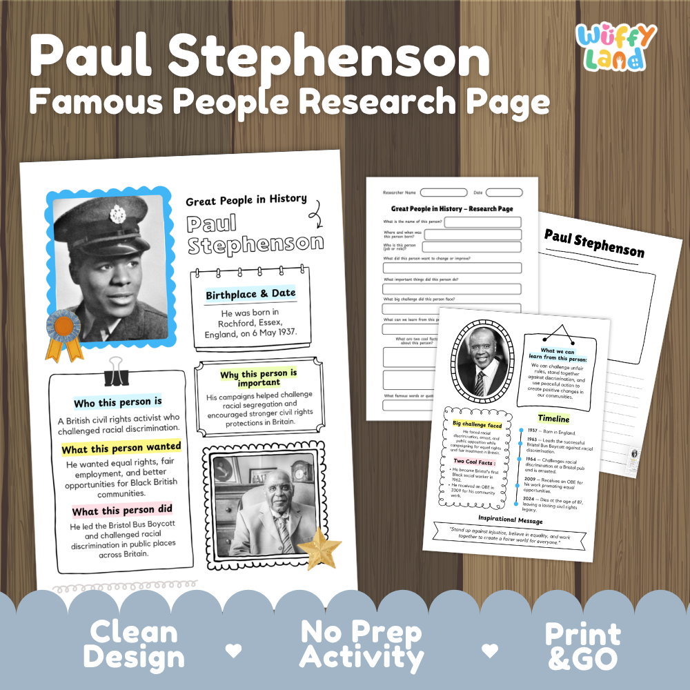 Paul Stephenson famous people research page cover showing biographical fact sheets timeline and student report worksheets