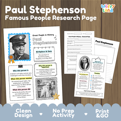 Paul Stephenson famous people research page cover showing biographical fact sheets timeline and student report worksheets