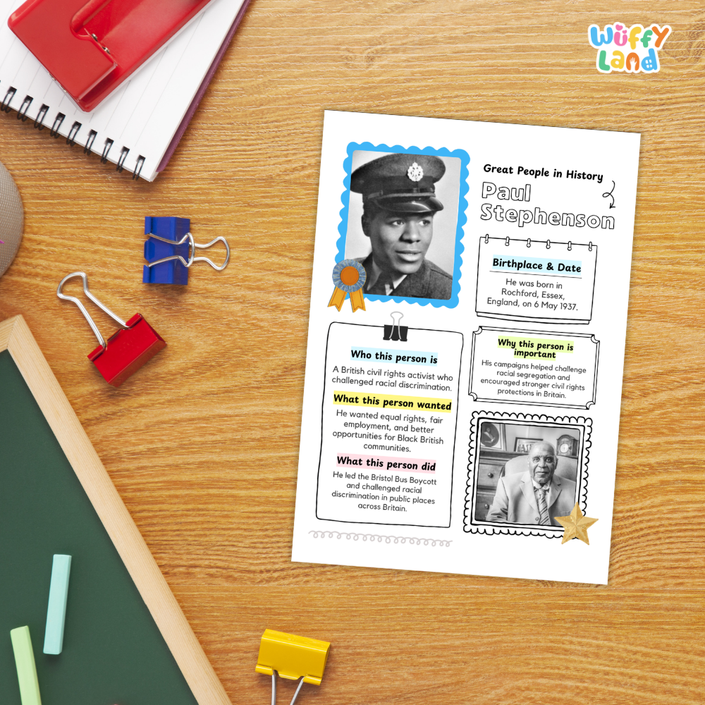 Paul Stephenson biographical timeline worksheet paired with guided student research questionnaire and open drawing report page
