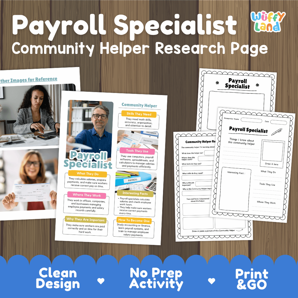 Payroll Specialist Community Helper Research Pages and Worksheets