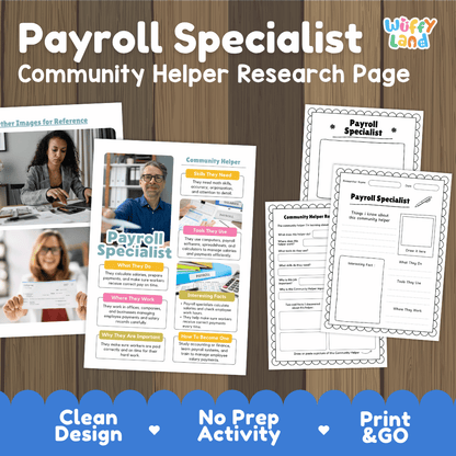 Payroll Specialist Community Helper Research Pages and Worksheets