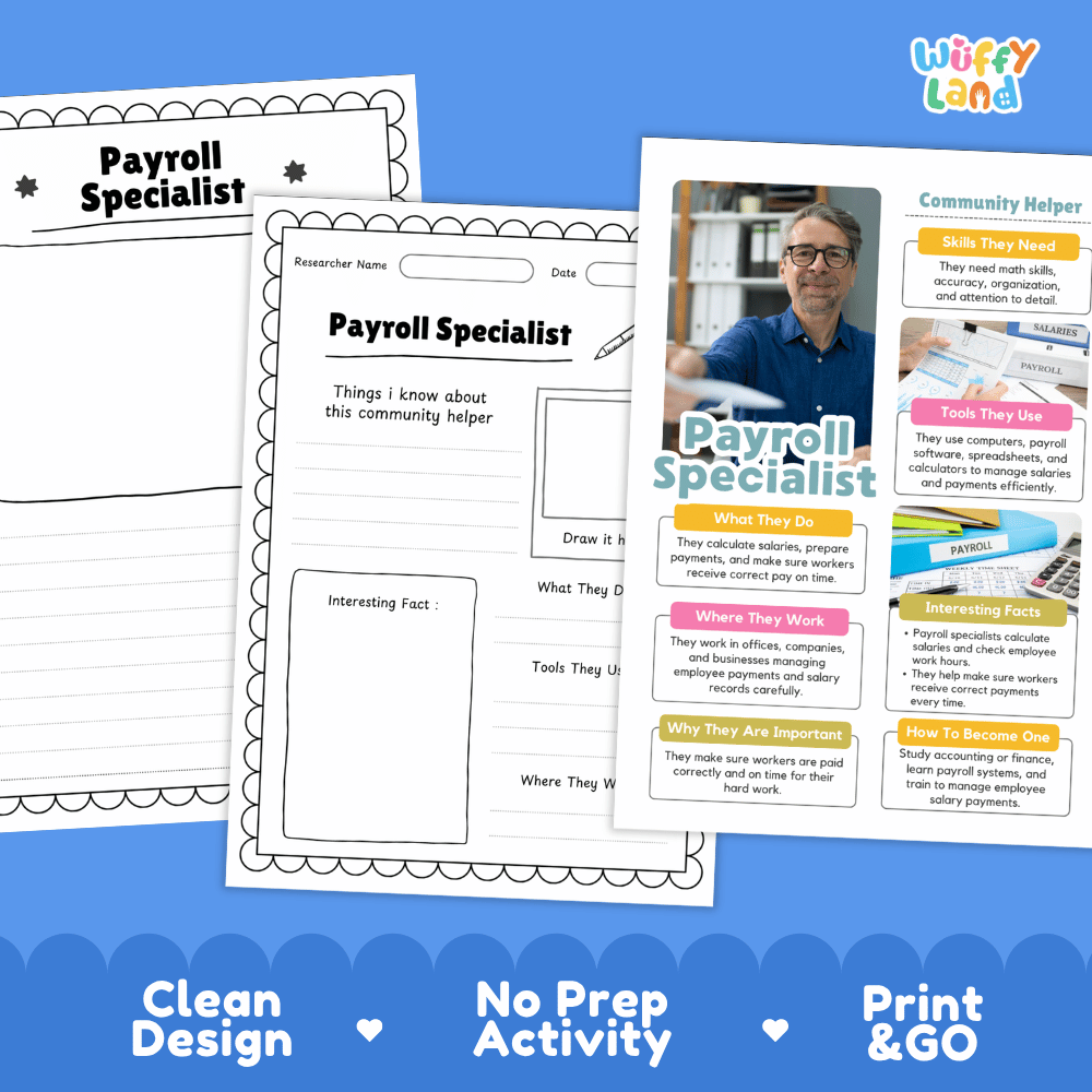 Three printable worksheet pages for a 'Payroll Specialist' activity displayed on a blue background with the text 'Clean Design', 'No Prep Activity', and 'Print & GO'. The brand logo 'Wiffy Land' is visible in the top right corner.