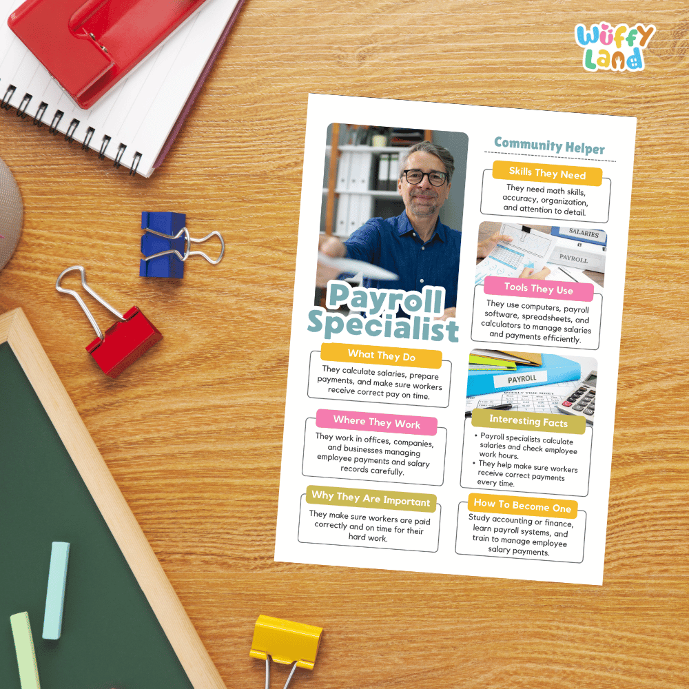 A printed educational poster titled 'Payroll Specialist' lies on a wooden desk, surrounded by school supplies including a red spiral notebook, blue and yellow binder clips, a green chalkboard, and a white notepad with the 'Wiffle Land' logo.