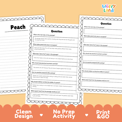 Informational reading passage page detailing the peach fruit fuzzy skin stone pit sweet flesh and care with photos