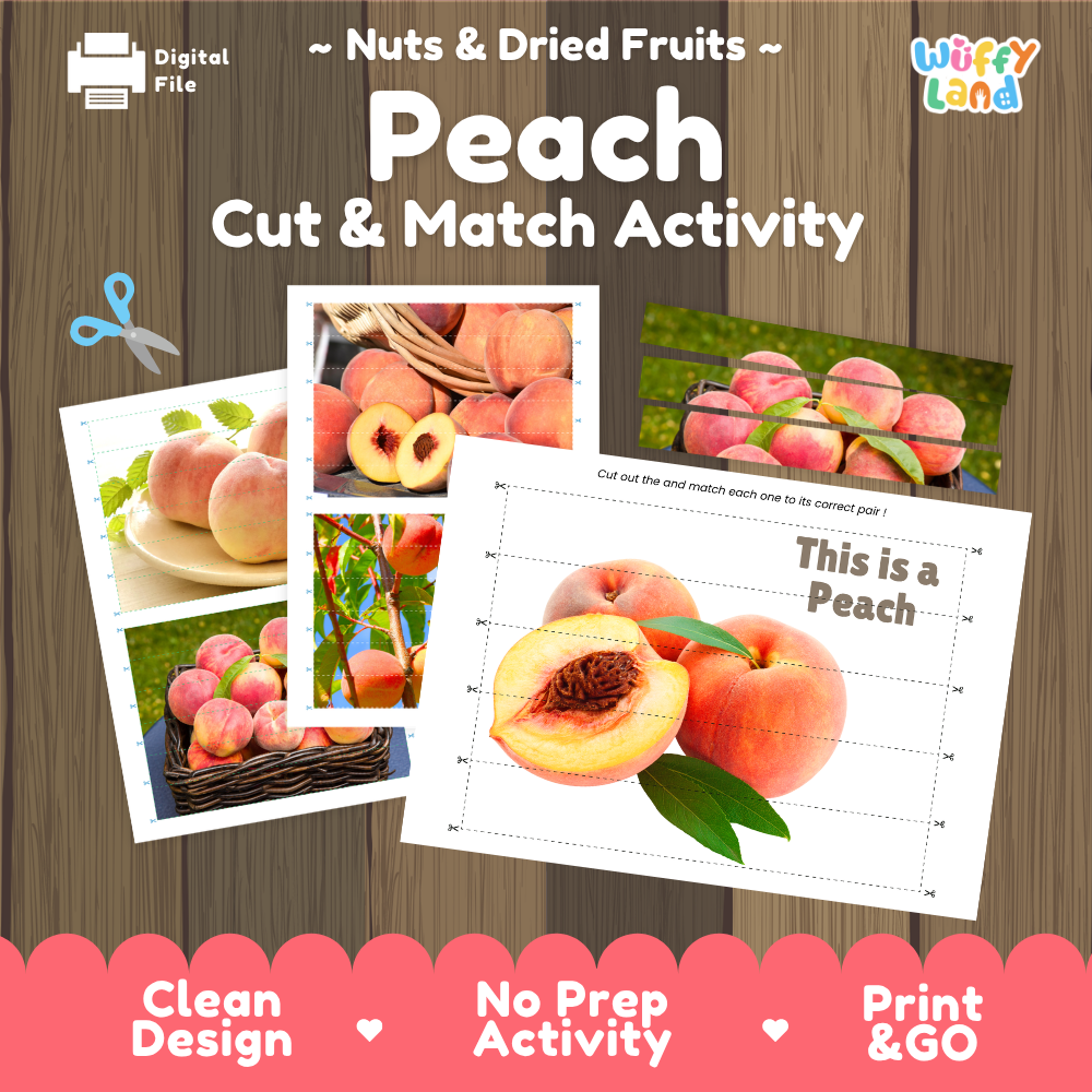 Peach cut and match activity cover showing printable fine motor puzzle sheets and fruit photographs