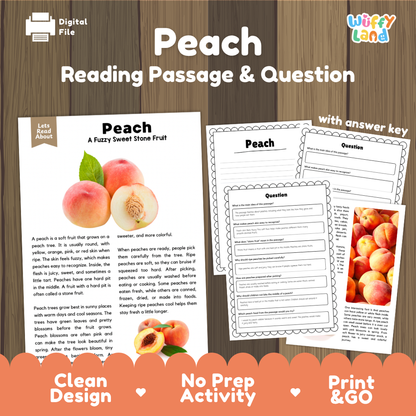 Peach reading comprehension passage and questions printable activity pack with answer key for elementary students