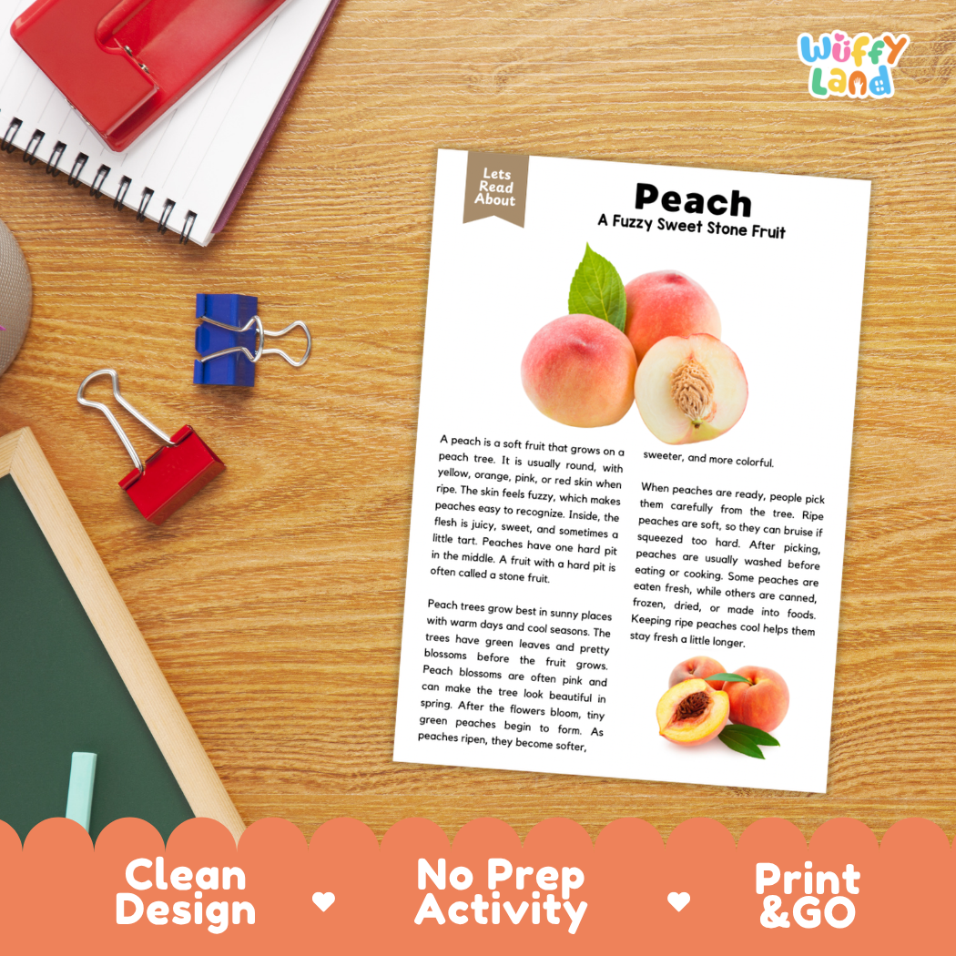 Student reading comprehension worksheet with short-answer questions and lined sections about the peach fruit