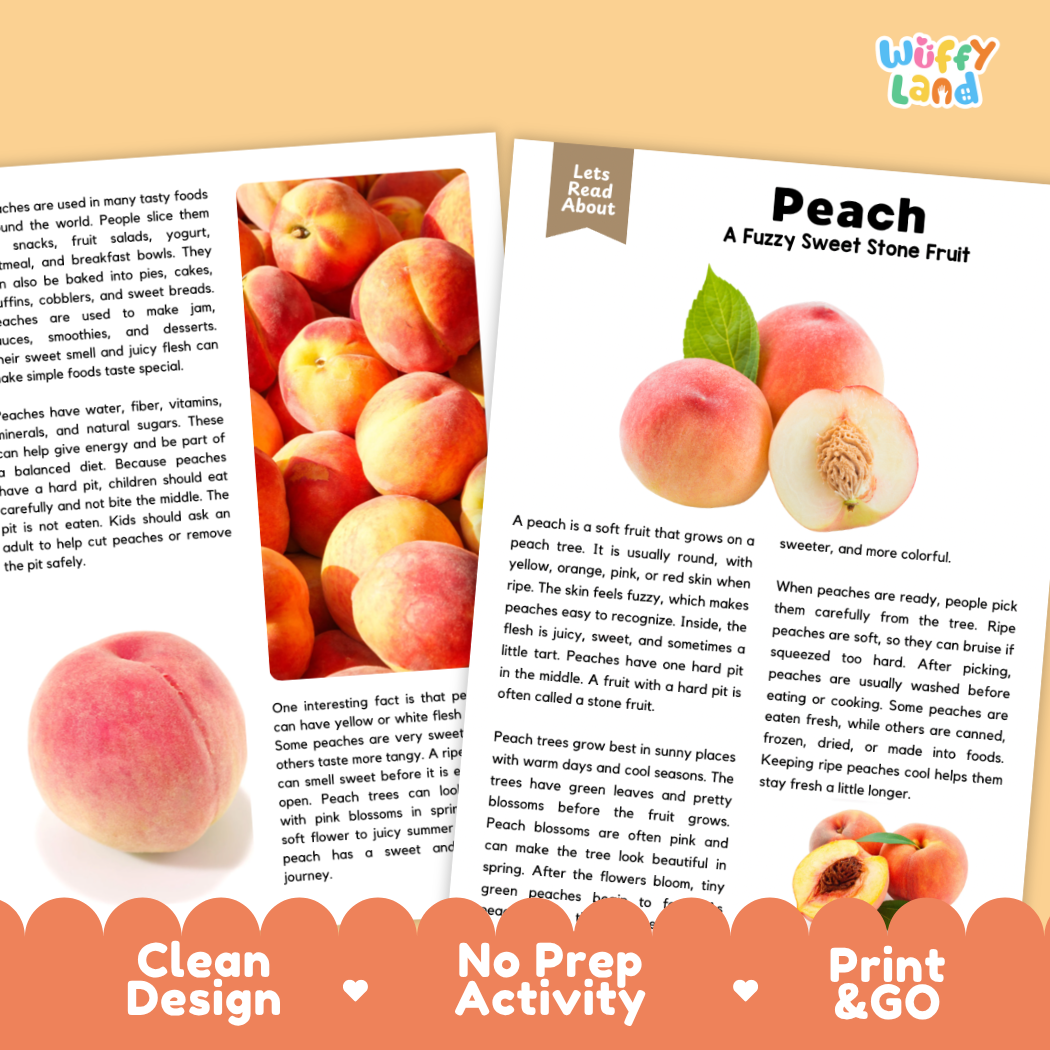 Teacher answer key page showing complete question solutions for Peach nature and science reading comprehension practice