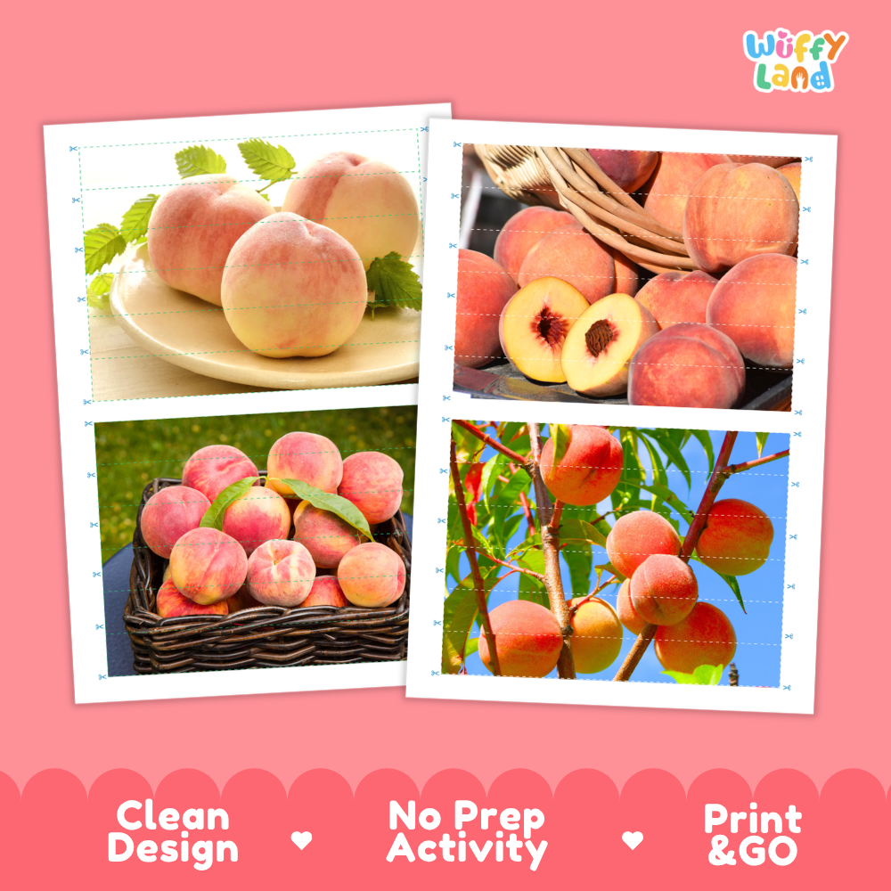 Printable activity sheets featuring photographic peach puzzle boards and cutting guides