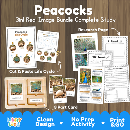 Peacock 3-in-1 real image bundle complete study cover showing cut and paste life cycle, 3 part cards, and research pages