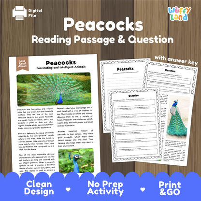 Peacocks Reading Passage and Comprehension Questions Worksheets